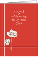 August Happy Birthday Cousin White Poppy Flower card