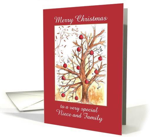 Merry Christmas Niece and Family Holiday Winter Tree Drawing card