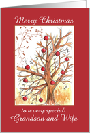 Merry Christmas Grandson and Wife Holiday Winter Tree Drawing card