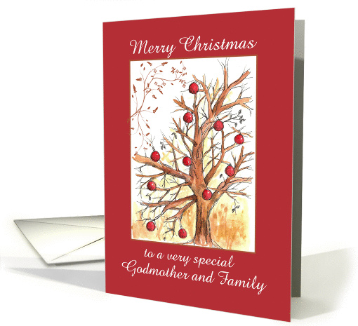 Merry Christmas Godmother and Family Holiday Winter Tree Drawing card