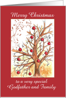 Merry Christmas Godfather and Family Holiday Winter Tree Drawing card