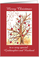 Merry Christmas Goddaughter and Husband Holiday Winter Tree Drawing card