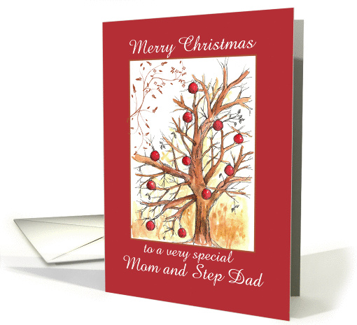 Merry Christmas Mom and Step Dad Holiday Winter Tree Drawing card