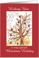 Merry Christmas Holiday Winter Tree Drawing Red Ornaments card