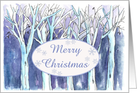 Merry Christmas Blue Winter Trees Painting Nature Snow card