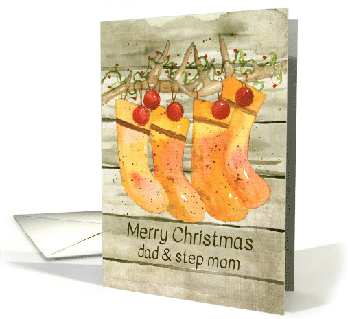 Merry Christmas Dad and Step Mom Stockings Antlers Rustic card
