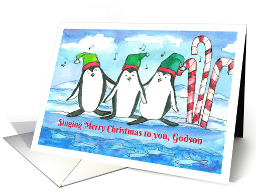 Merry Christmas Godson Fish Penguins Singing card (945187)