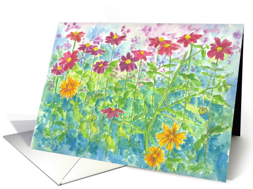 Zinnia Flower Garden Watercolor Painting Blank card (952605)