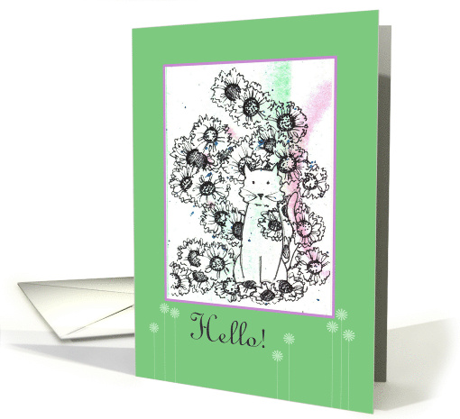 Hello Cat Flowers Pen and Ink Pet Drawing Green card (955797)