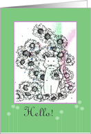 Hello Cat Flowers Pen and Ink Pet Drawing Green card