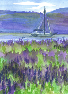 Sailboat Purple Lupines Watercolor Hello