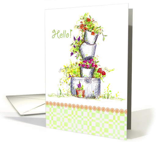 Hello Colorful Garden Flower Buckets Art Drawing card (955839)