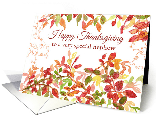 Happy Thanksgiving Nephew Autumn Leaves Watercolor card (969521)
