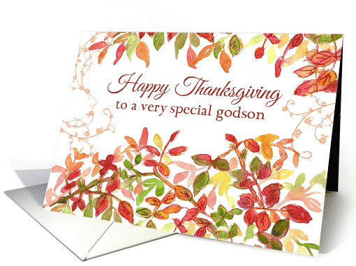 Happy Thanksgiving Godson Autumn Leaves Watercolor card (969557)