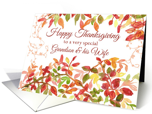 Happy Thanksgiving Grandson and Wife Autumn Leaves Watercolor card