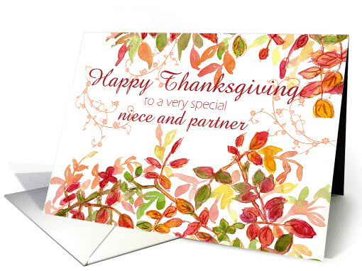 Happy Thanksgiving Niece and Partner Autumn Leaves Watercolor card