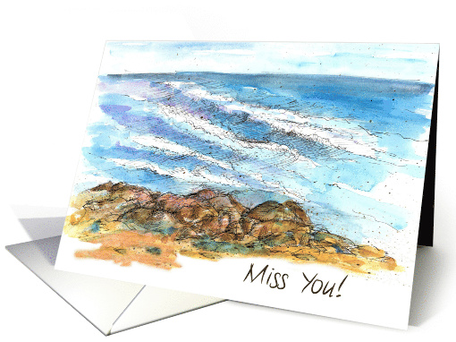 Miss You Ocean Coastline Waves Watercolor card (986417)