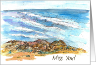 Miss You Ocean Coastline Waves Watercolor card