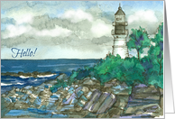 Hello Maine Lighthouse Ocean Watercolor Painting card