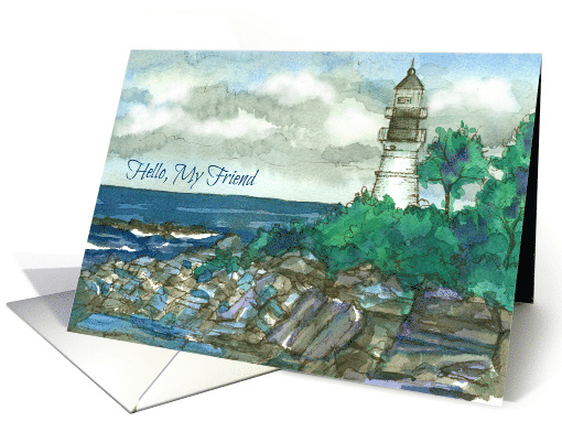Hello Friend Maine Lighthouse Ocean Watercolor card (986493)