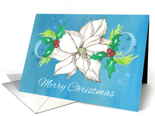 Merry Christmas White Poinsettia Flower Holly card (990587)