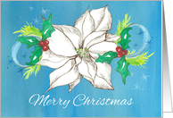 Merry Christmas White Poinsettia Flower Holly card