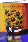 Happy 4th of July Birthday! Sunflowers in Americana Vase, Patriotic card