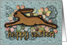 Happy Easter! Leaping Rabbit, Hand Drawn Flowers, Paper Look Flowers card