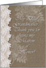 Grandmother, Matron of Honor, Lace Burlap, Wedding Attendant Thank You card