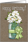Happy Birthday! Daisies In A Jar, Burlap Look, Gingham Check Ribbon card