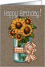 Happy Birthday! Sunflowers In A Jar, Burlap Look, Gingham Check Ribbon card