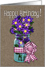 Happy Birthday! Purple Flowers In A Jar, Burlap Look, Gingham Ribbon card