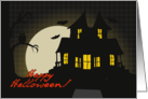 Spooky Mansion Happy Halloween! Eerie Tree, Black Owl, Bats, Full Moon card