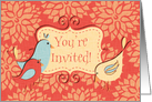 You’re Invited! Linen Look Party Invitation, Red and Pale Yellow Birds card