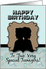 Happy Birthday Twin Silhouettes, Boy and Girl Teenagers, Aqua Chevron card