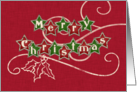 Merry Christmas, Stencil Look Holly Swirl, Linen Fabric Look Stars card