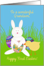 For Grandson, Happy First Easter! Bunny, Chick and Easter Eggs card