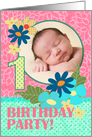 Birthday Party Invitation, One Year, Aqua Flowers, Birthday Photo Card