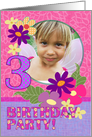 Birthday Party Invitation, Three Years Old, Pink Flowers, Photo Card