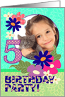Birthday Party Invitation, Five Years Old, Blue Flowers, Photo Card