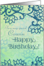 Happy Birthday Cousin! Floral Swirl Motif, Lovely Turquoise Floral Art card