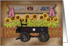 Happy 4th of July! Wooden Wagon and Sunflowers, Primitive Folk Art card