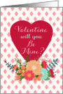 Valentine, Will You Be Mine? Red Heart, Floral White Latticework, Pink card