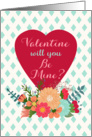 Valentine, Will You Be Mine? Red Heart, Floral White Latticework, Aqua card