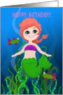 Happy Birthday! Red Haired Mermaid, Glitter Look Sea Grass, Fishies card