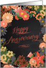 Happy Anniversary! Coral and Gold Florals on Faux Black Chalkboard card