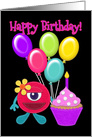 Happy Birthday Monster, Balloons and Cupcake, Felt Look card