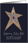 Happy July 4th Birthday! Prim Style Star with Stitching Faux Burlap card