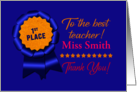 Thank You Best Teacher Blue Ribbon Customized Name card