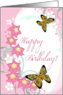 Happy Birthday! Butterflies Pink Floral Swirls Oval card